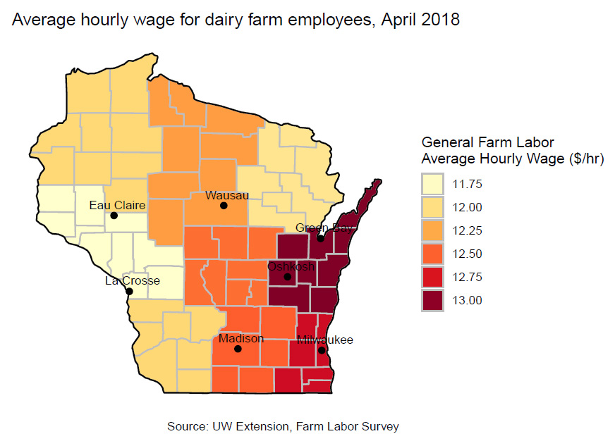 Average hourly wage for dairy farm employees, April 2018