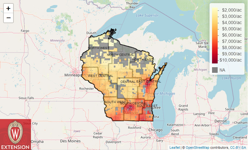 estimated cropland prices for most townships across Wisconsin