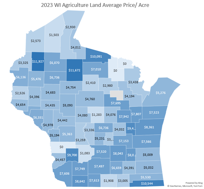 A map of Wisconsin counties depicting the average price per acre for land sales that took place in 2023