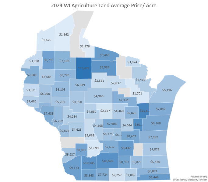 A map of Wisconsin counties depicting the average price per acre for land sales that took place in 2024