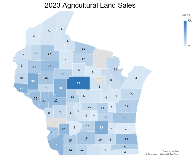 A map of Wisconsin counties depicting the number of land sales that took place in 2023