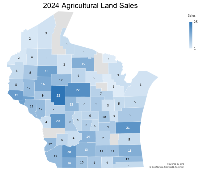 A map of Wisconsin counties depicting the number of land sales that took place in 2024