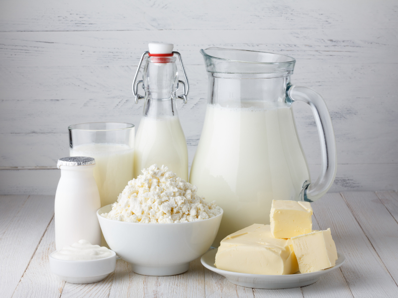 A variety of dairy products, including milk, cheeses, butter, and whey