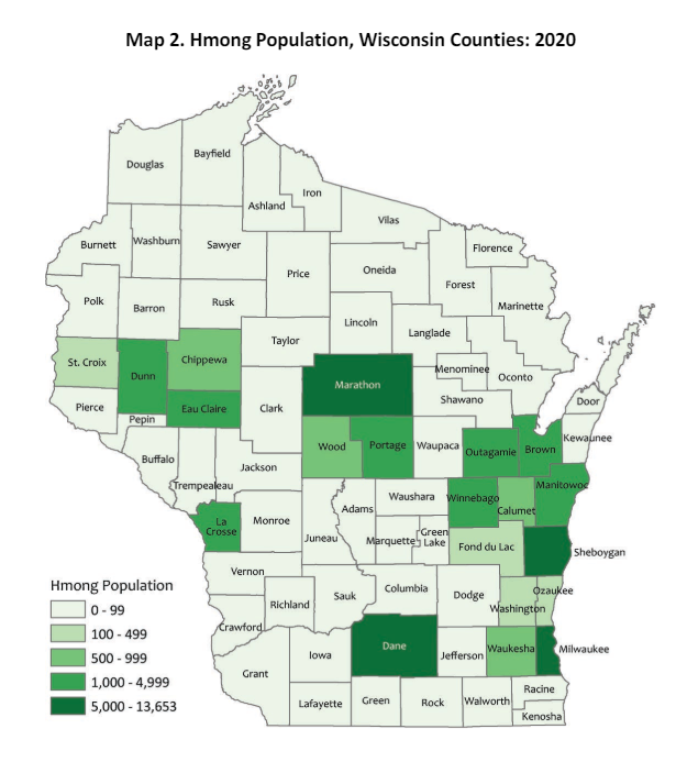 A map of Wisconsin, broken up by counties, depicting the total Hmong population in each county. 