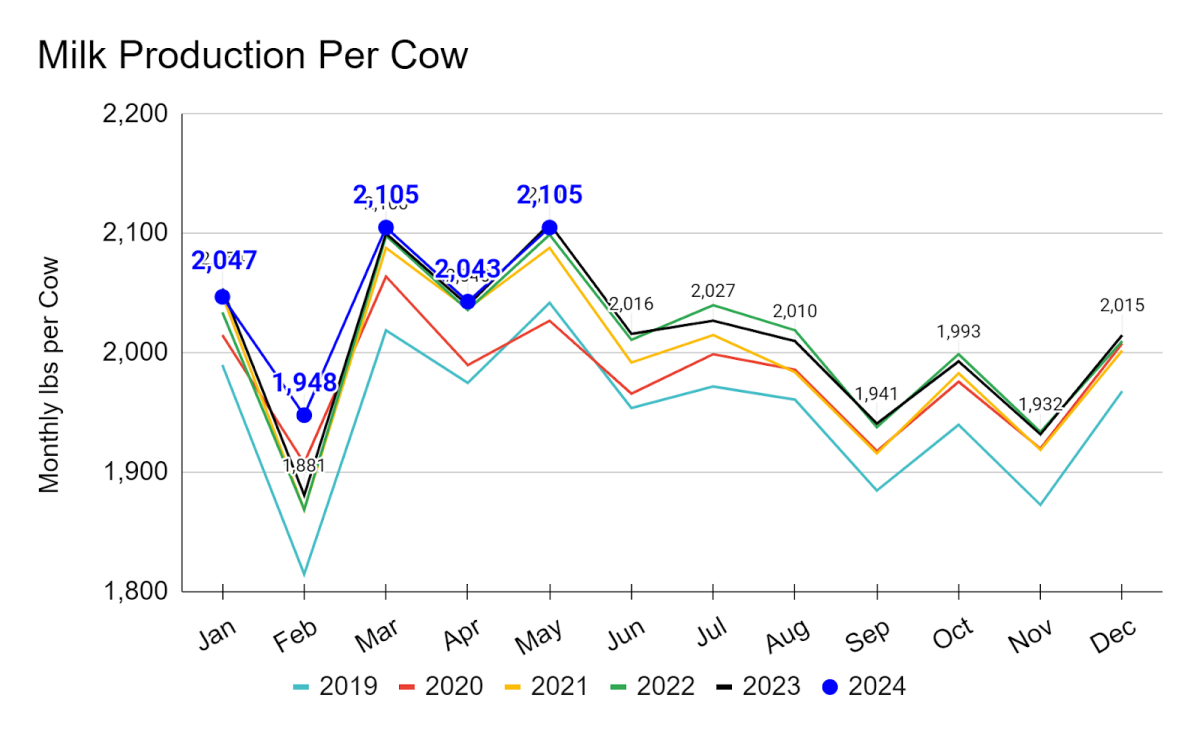 A line graph depicting milk production per cow, year over year