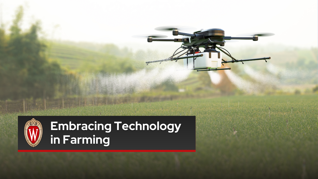 A drone applying pesticide/fertilizer above crops on a field