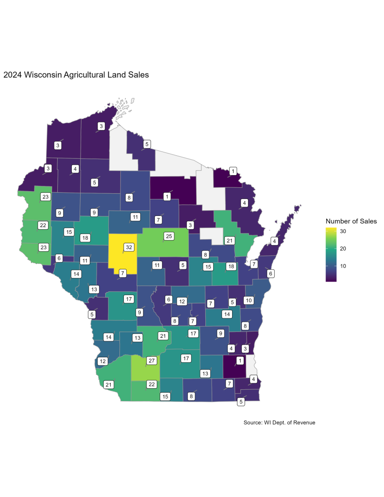Figure 5. 2024 Land Sales per County. Counties in white had no land sales.