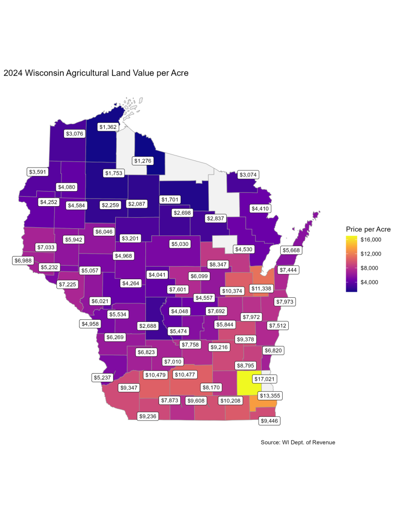 Figure 3. Average Agricultural Land Value by County for 2024. Counties in white had no land sales.