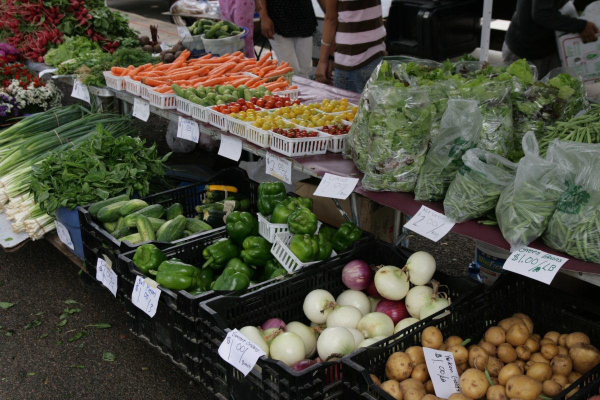 Farmers market stand full of fresh produce