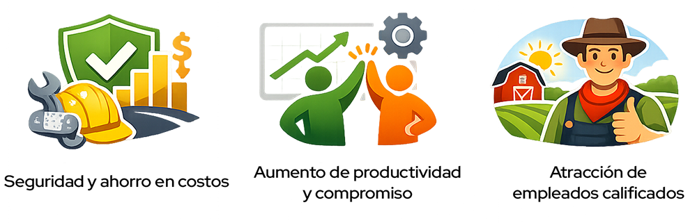 Gráfico con tres íconos que representan beneficios de una cultura de seguridad. El primero muestra un casco, herramientas, un escudo con una marca de verificación y barras ascendentes, acompañado del texto ‘Seguridad y ahorro en costos’. El segundo muestra dos figuras chocando las manos frente a una gráfica ascendente, con el texto ‘Aumento de productividad y compromiso’. El tercero muestra a una persona en ropa de trabajo frente a una granja y el texto ‘Atracción de empleados calificados’.
