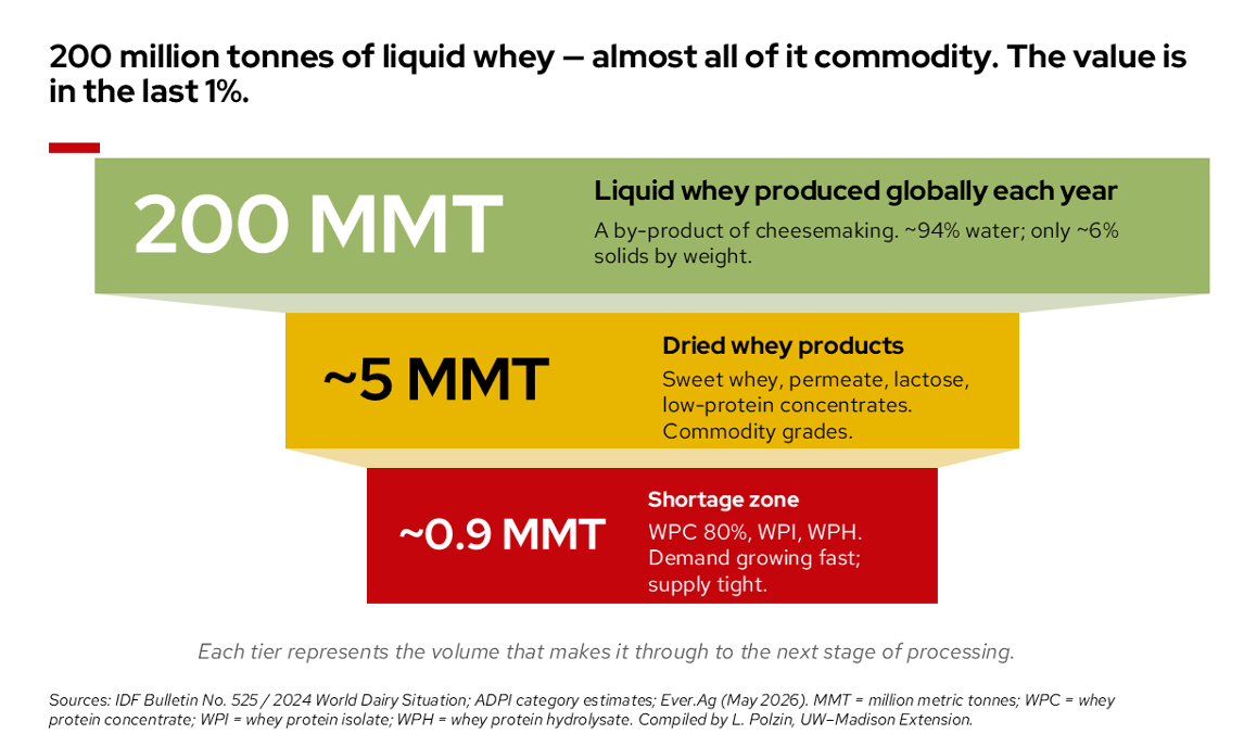 An inverted funnel chart titled "200 million tonnes of liquid whey — almost all of it commodity. The value is in the last 1%." It maps out the volume reduction and specialization of whey processing from raw commodity to high-value protein grades.