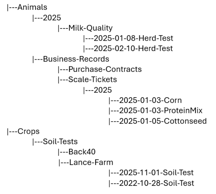 Diagram showing a hierarchical farm file organization system. At the top level are folders named Animals and Crops.  Within the Animal folders are the 2025 and a Business Records folder.  Milk Quality is then inside the 2025 folder. Within the Milk Quality folder are dated herd test folders (2025-01-08 Herd Test and 2025-02-10 Herd Test). Inside Business Records are Purchase Contracts and Scale Tickets folders. The Scale Tickets folder contains a 2025 subfolder with individual files named 2025-01-03 Corn, 2025-01-03 Protein Mix, and 2025-01-05 Cottonseed. The Crops folder contains a Soil Tests folder with subfolders for Back40 and Lance Farm. The Lance Farm folder contains soil test files dated 2025-11-01 and 2022-10-28. The structure illustrates organizing farm records by enterprise, record type, location, and date using a nested folder system.